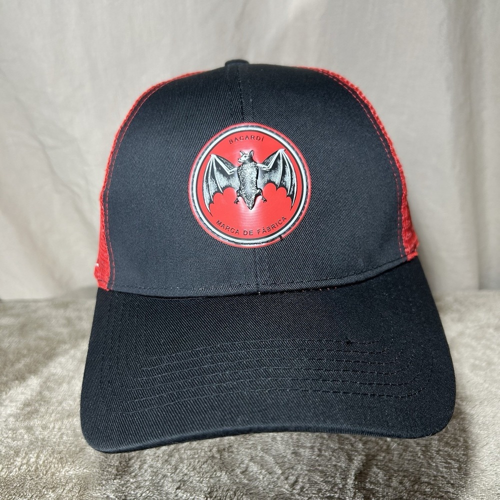 Bacardi Rum Hat Black Red Trucker Snapback Bat Logo Mesh Promotional Cap